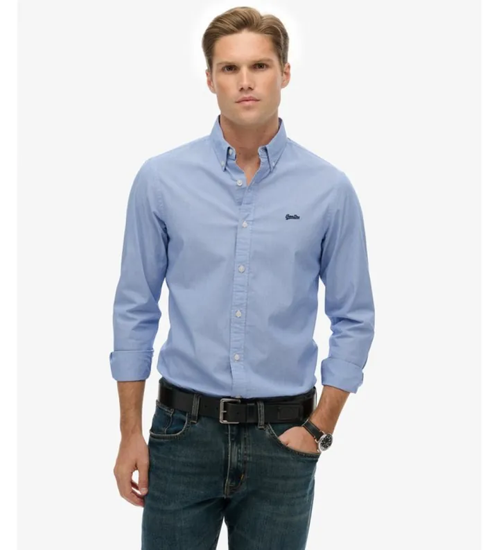 Superdry para hombre. M4011064A Camisa ligera entallada Essentials azul (S), Casual, Algodón, Manga larga
