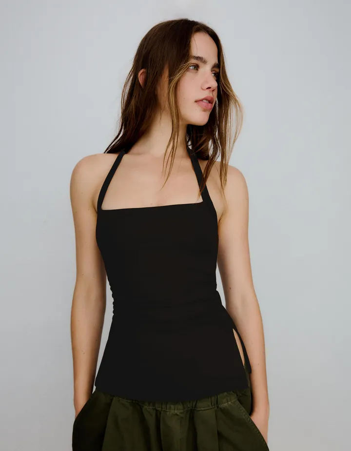 Bershka Top Cuello Halter Mujer L Negro