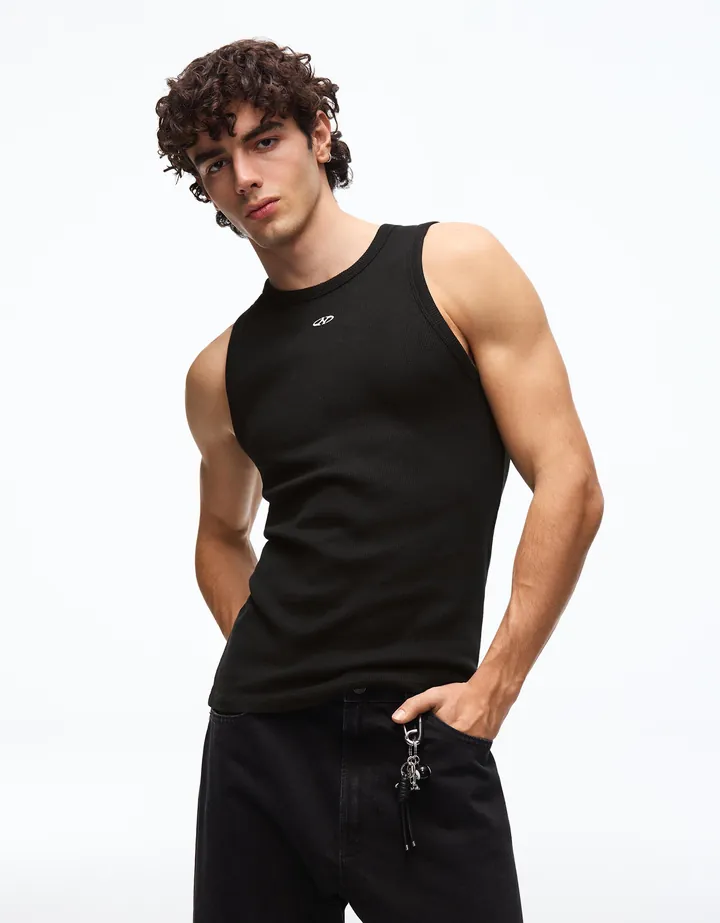 Bershka Camiseta Tirantes Waffle Print Hombre L Negro