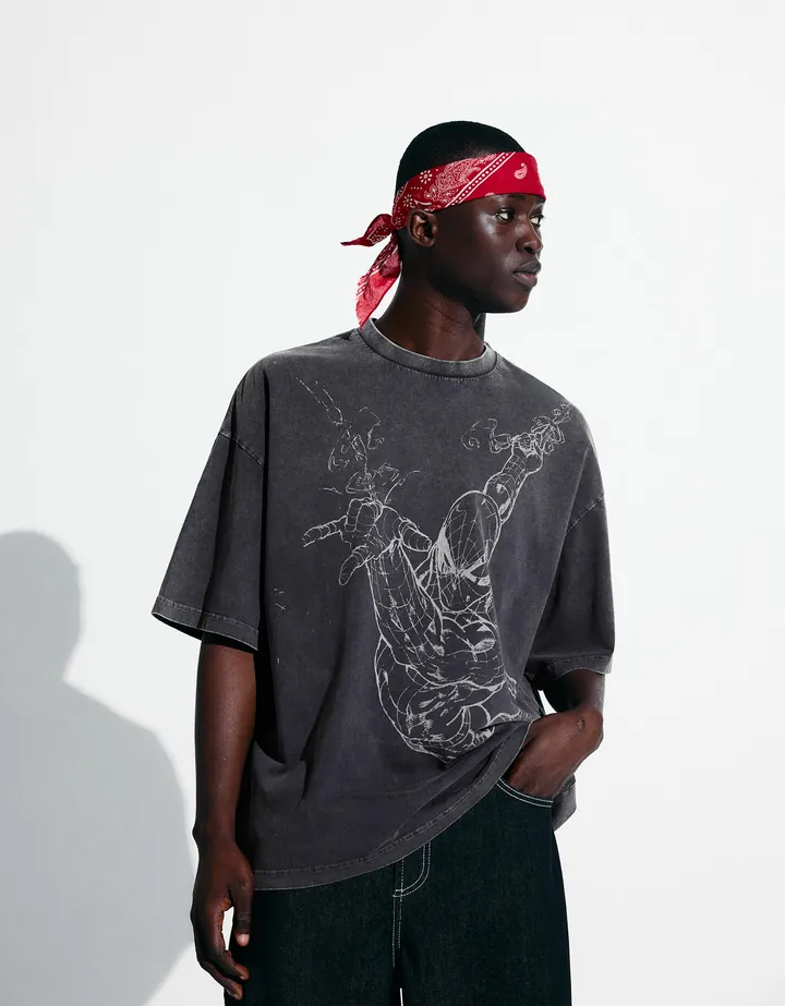 Bershka Camiseta Manga Corta Spider-Man Hombre L Gris