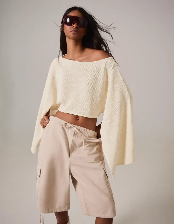 Bershka Capa Asimétrica Hilo Metalizado Mujer M-L Arena