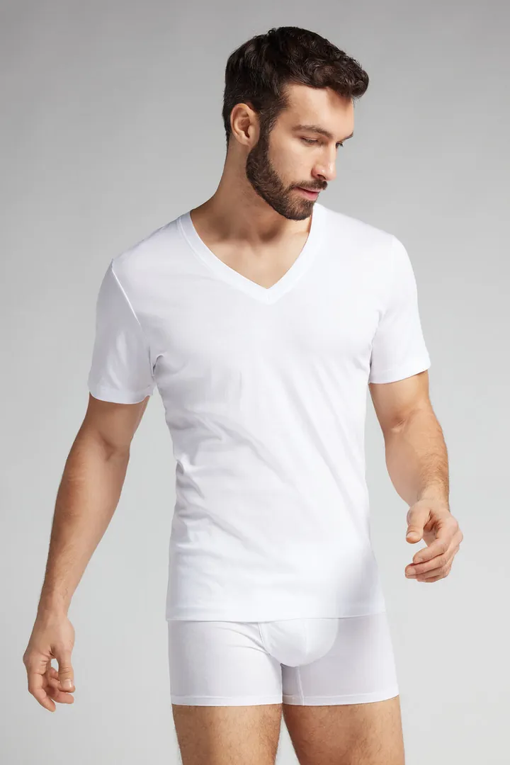 Intimissimi Camiseta de Algodón mercerizado con cuello en V filo Premium Hombre Azul Tamaño L