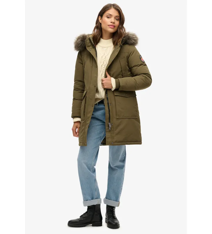Superdry para mujer. W5011786A Parka de piel sintética Everest verde (L), Casual, Poliéster Reciclado, Sostenible