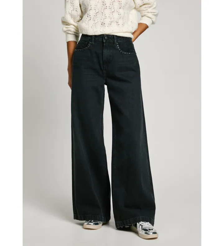 Pepe Jeans para mujer. PL204889 Jeans fit wide y tiro medio negro (24/30), Casual, Algodón, Denim, Sostenible