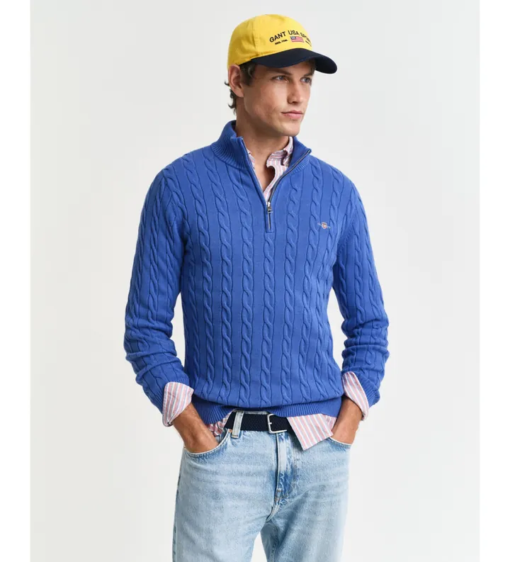 Gant para hombre. 8050603 Jersey Cable Half Zip azul (3XL), Casual, Algodón, Manga larga
