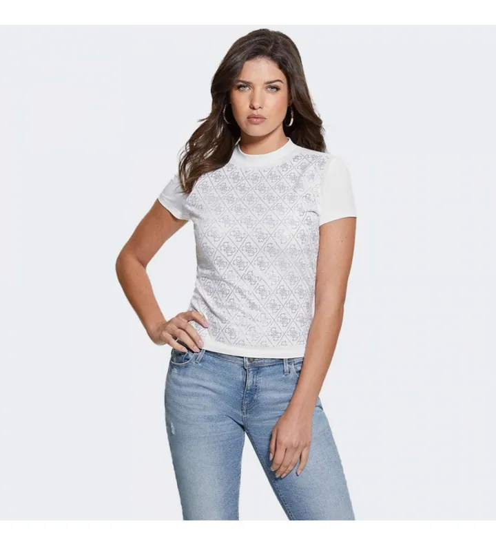 Guess para mujer. W4BI26J1314 Camiseta con logo 4G blanco (S), Casual, Algodón, Manga corta