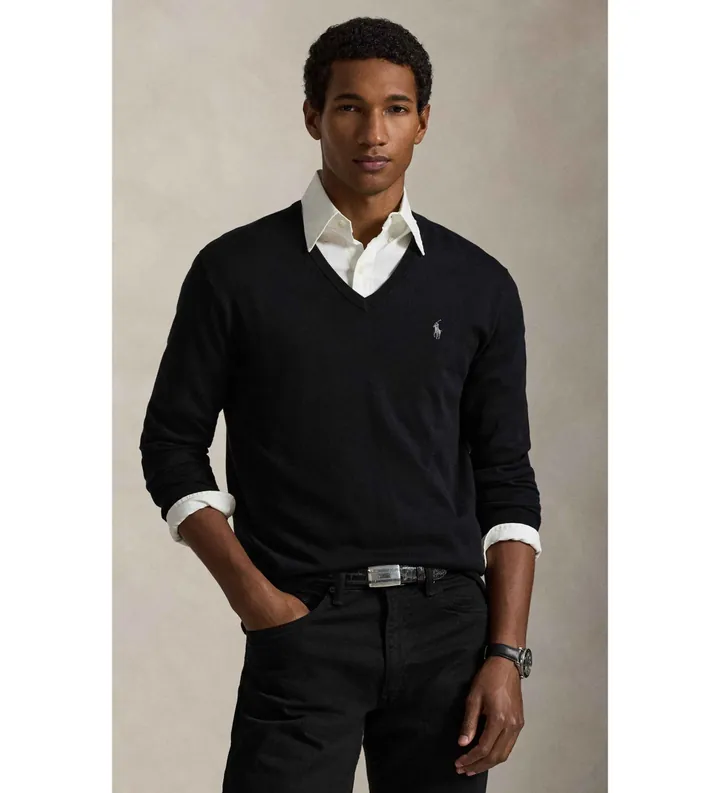 Polo Ralph Lauren para hombre. 710670789003 Jersey de algodón Slim Fit con cuello de pico negro (3XL), Casual, Clásico