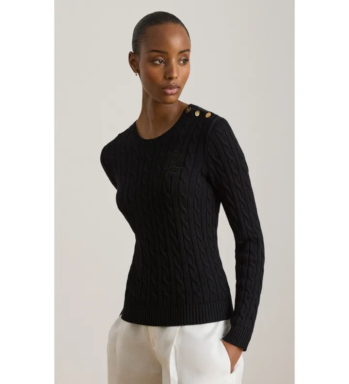 Lauren Ralph Lauren para mujer. 200P14039001 Jersey en punto de ochos con botones negro (L), Casual, Algodón, Manga larga