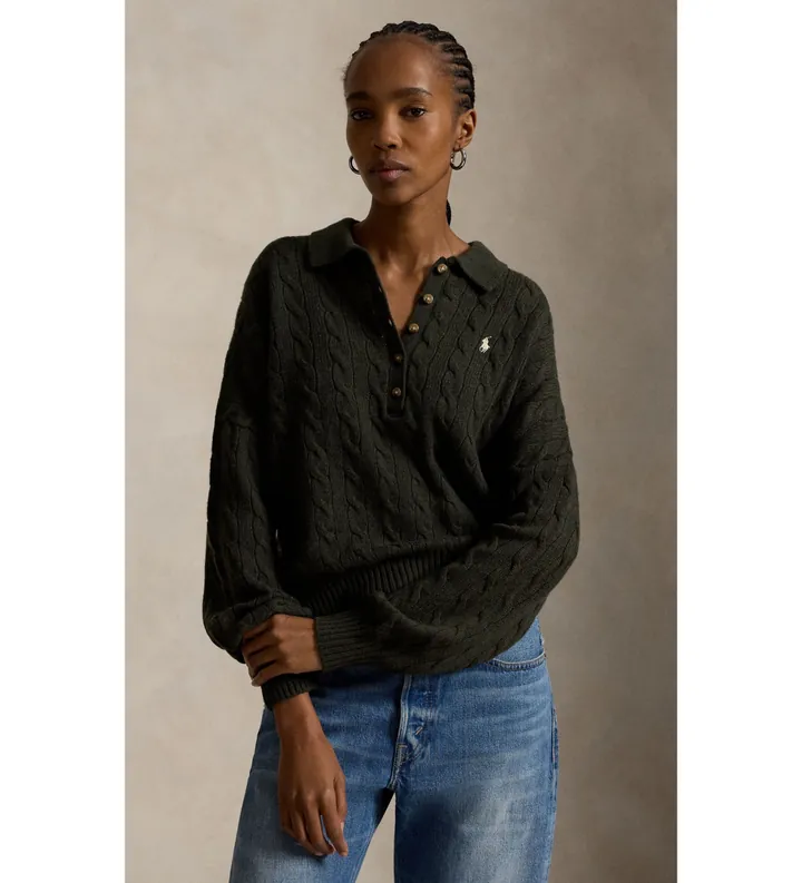 Polo Ralph Lauren para mujer. 211B17767002 Jersey tipo polo de lana y cachemira verde (L), Casual, Manga larga