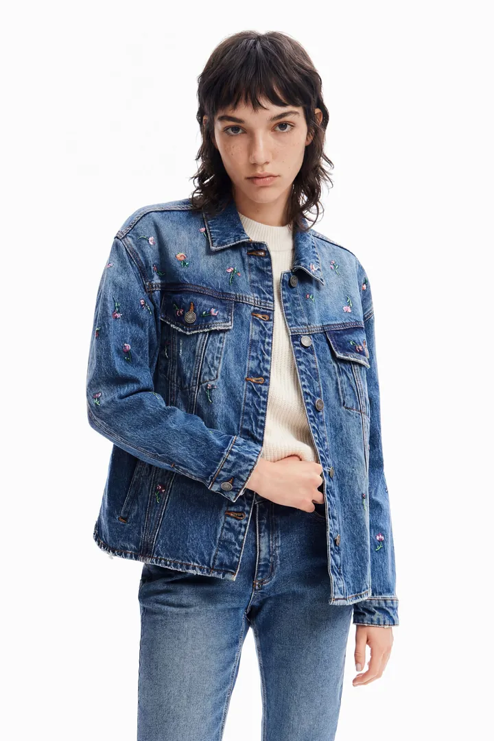 Desigual, Chaqueta vaquera trucker flores, Algodon, Azul, L