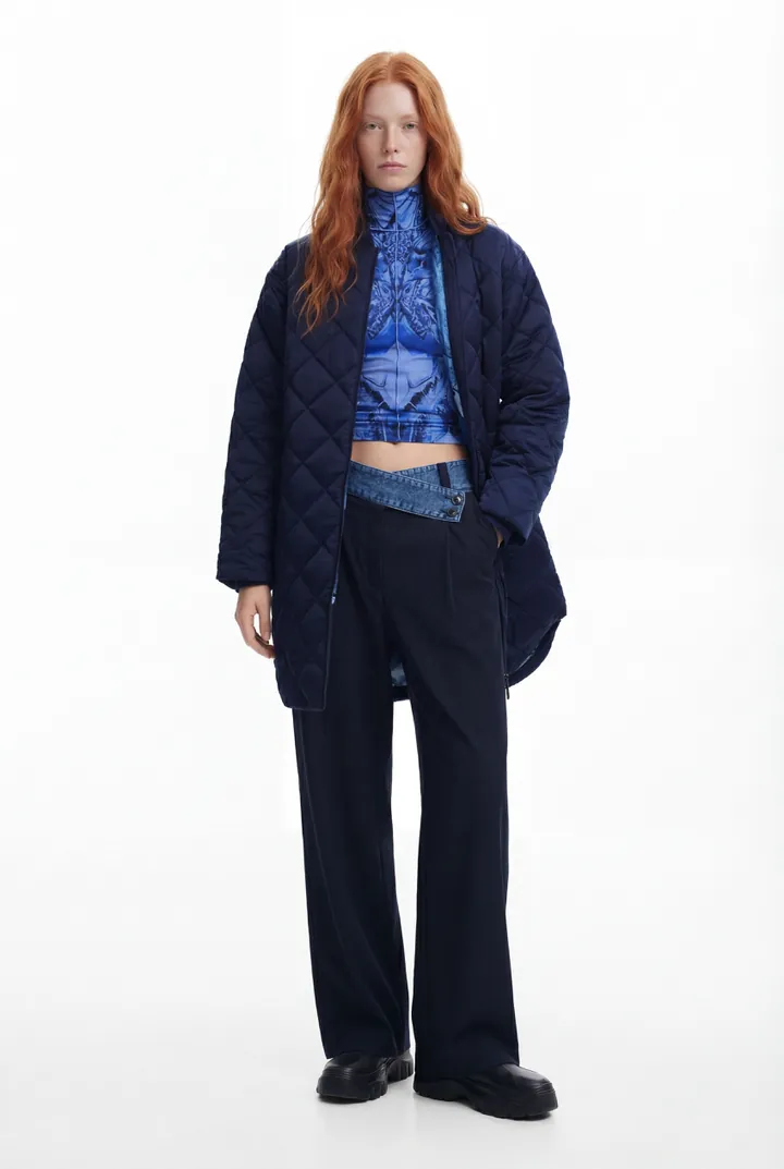 Desigual, Abrigo acolchado largo, Poliester, Azul, L