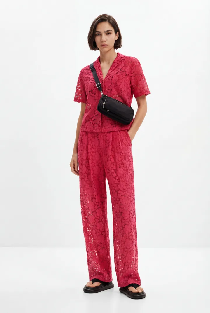 Desigual, Pantalón sastre encaje floral, Poliester, Rojo, L