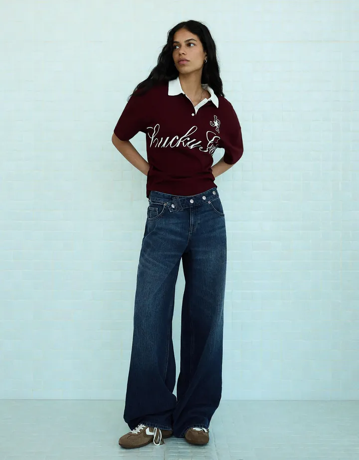 Bershka Jeans Straight Tiro Bajo Cintura Cruzada Mujer 32 Azul