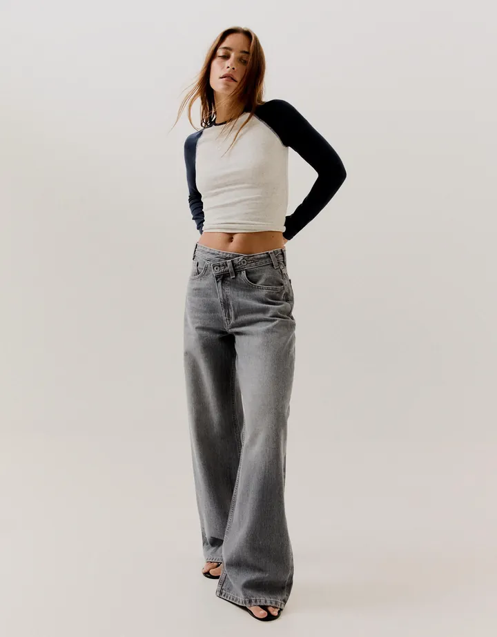 Bershka Jeans Wide Cintura Cruzada Mujer 32 Gris