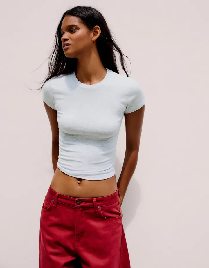 Bershka Camiseta Manga Corta Cuello Redondo Mujer 10-12 Gris