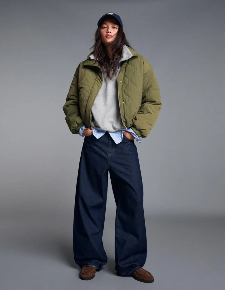 Bershka Cazadora Acolchada Mujer M-L Kaki