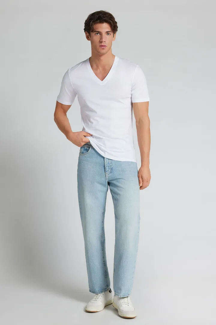 Intimissimi Camiseta con Cuello de Pico de Algodón Mercerizado Superlight filo Premium Hombre Azul Tamaño L