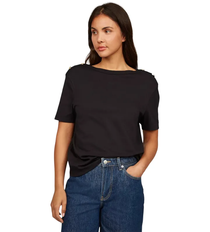 Tommy Hilfiger para mujer. WW0WW42907 Camiseta amplia de rayas con cuello barco negro (M), Casual, Algodón, Manga corta