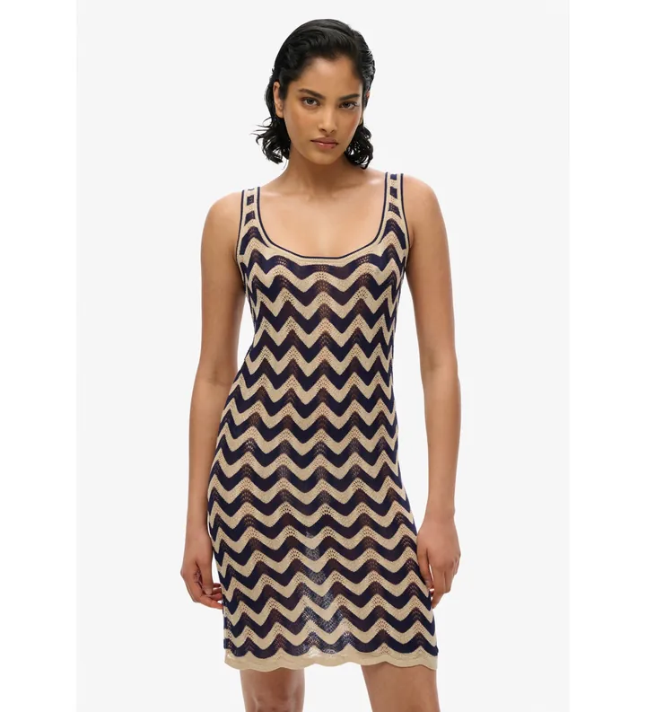 Superdry para mujer. W8011846A Minivestido de punto en zigzag marino (M), Casual, Viscosa, Sin mangas / Tirantes