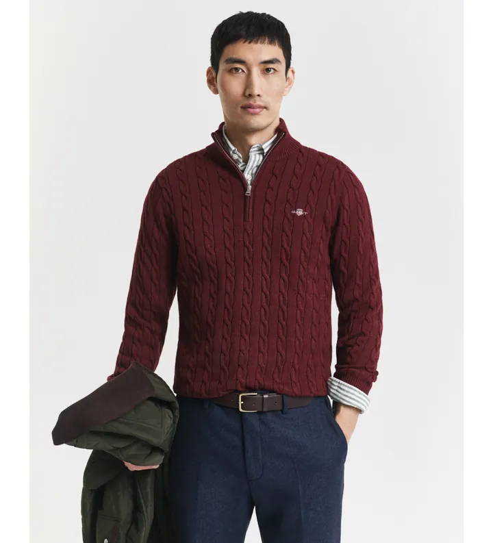 Gant para hombre. 8050603 Jersey de punto de ochos con media cremallera en algodón burdeos (L), Casual, Granate