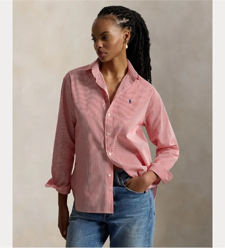 Polo Ralph Lauren para mujer. 211910743500 Camisa de algodón a rayas rojo (S), Casual, Manga larga