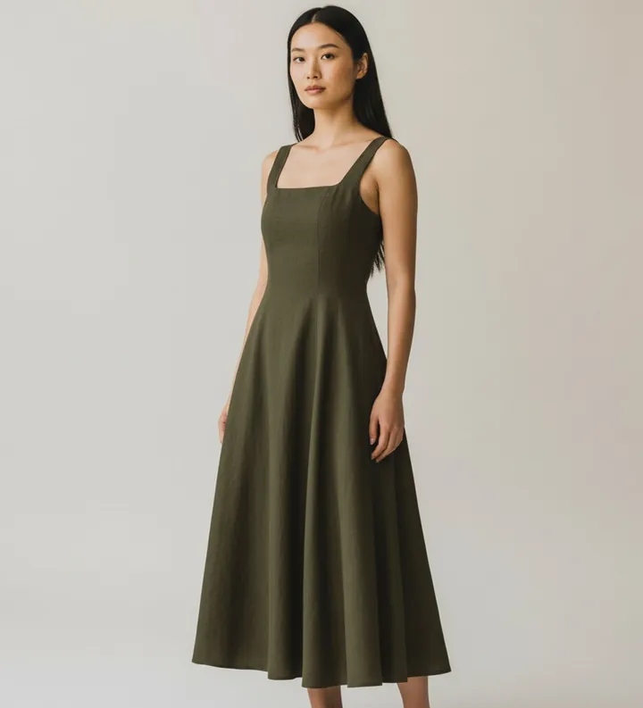 Twinset para mujer. 261TF2021 Vestido Midi C/Spalline verde (42), Casual, Lino, Sin mangas / Tirantes
