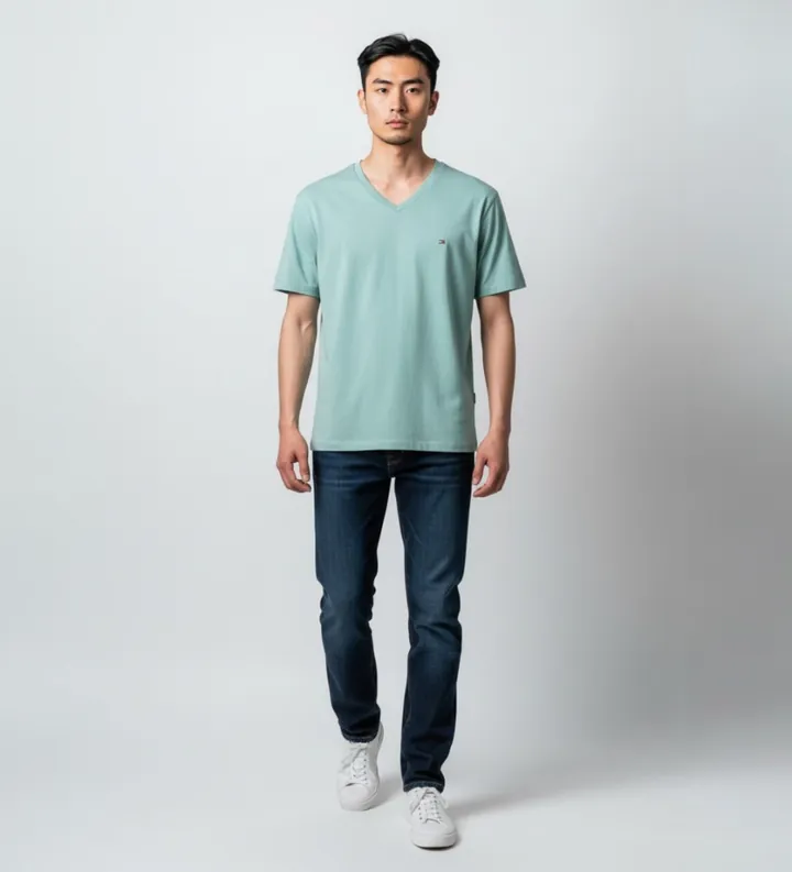 Tommy Hilfiger para hombre. MW0MW39249 Camiseta con cuello de pico y logo bordado turquesa (L), Casual, Algodón, Manga corta