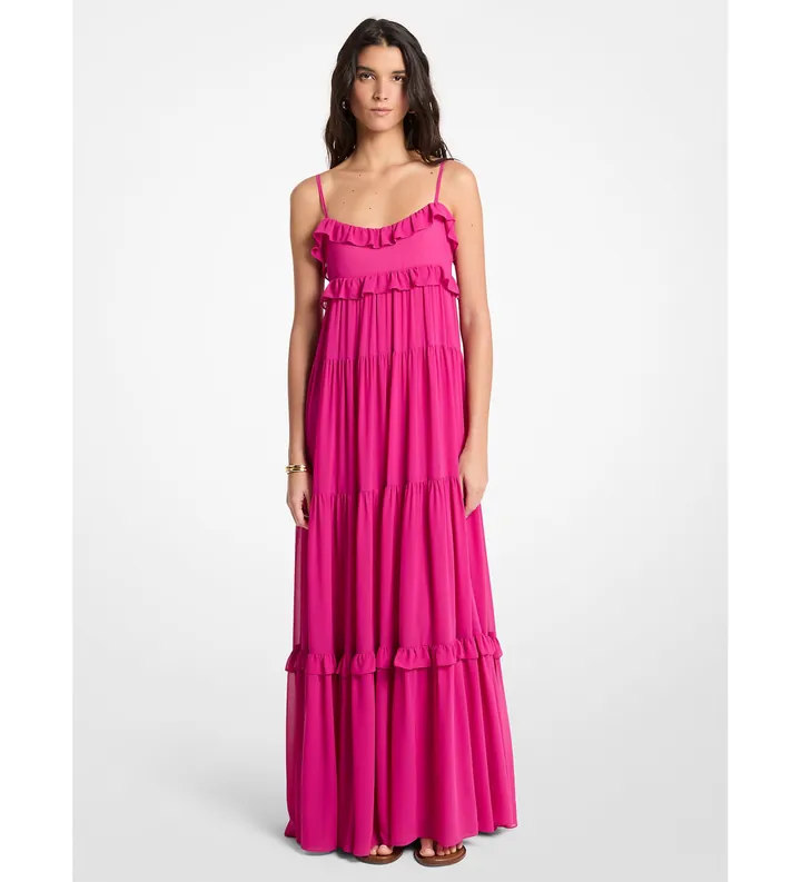 Michael Kors para mujer. MS683E37R3 Vestido maxi de georgette con volantes rosa (L), Casual, Poliéster, Sin mangas / Tirantes