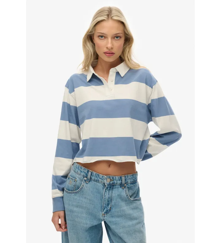 Superdry para mujer. W6012175A Polo Stripe Rugby azul (L), Casual, Algodón, Manga larga