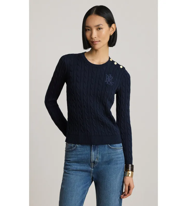 Lauren Ralph Lauren para mujer. 200P14039002 Jersey en punto de ochos con botones marino (L), Casual, Algodón, Manga larga