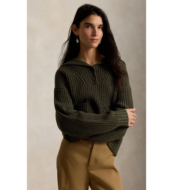 Polo Ralph Lauren para mujer. 211B17758001 Jersey de lana y algodón con tapeta verde oliva (L), Casual, Manga larga