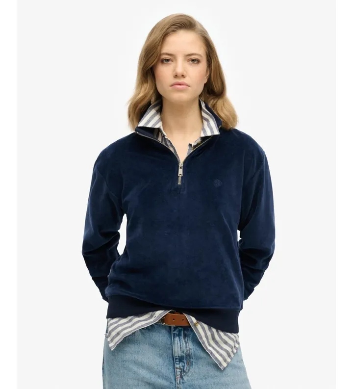 Superdry para mujer. W2012370A Sudadera con media cremallera Velour Half azul marino (L), Casual, Algodón