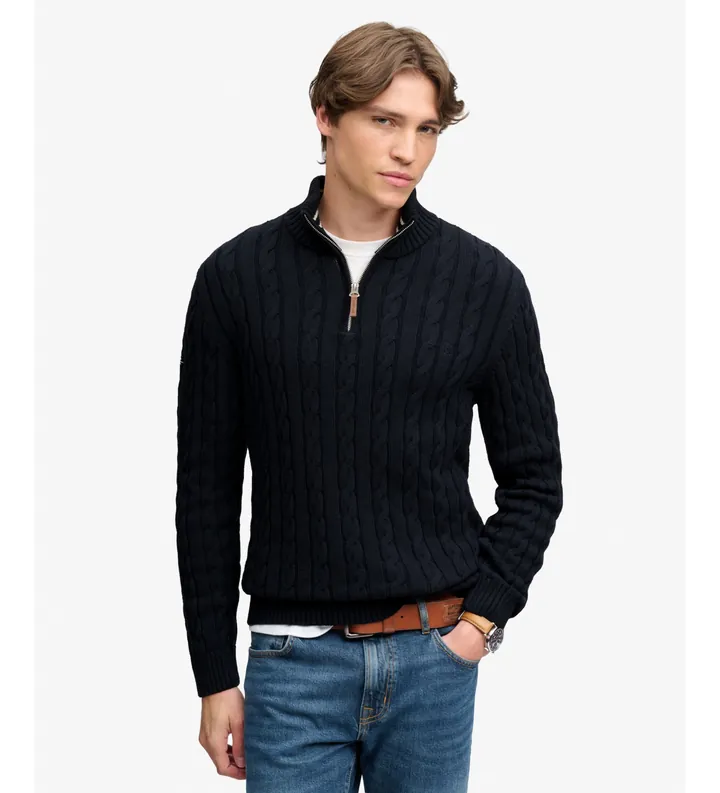 Superdry para hombre. M6110661B Jersey con media cremallera Cotton Classic Cable 1 2 marino (L), Casual, Algodón, Manga larga