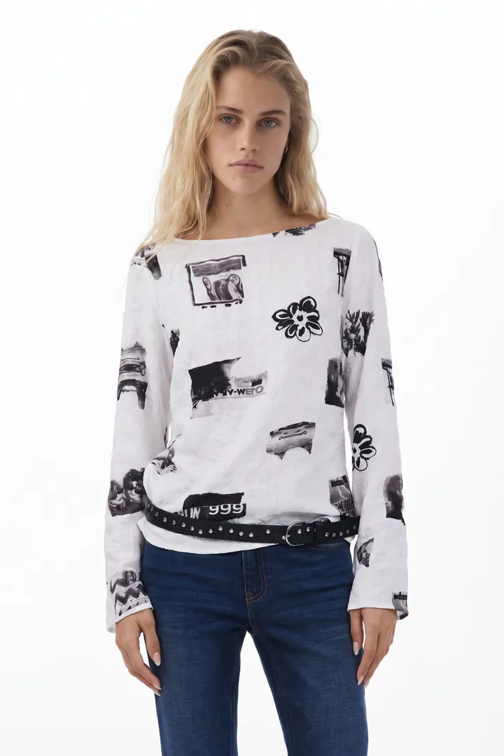 Desigual, Blusa textura lazos, Poliester, Blanco, L
