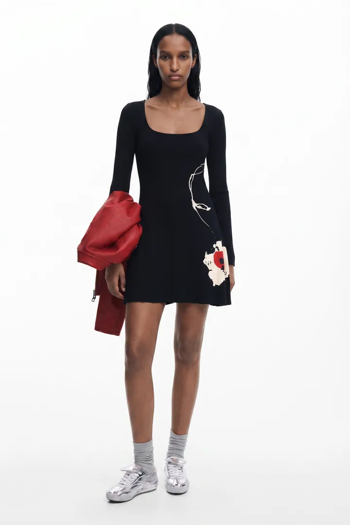Desigual, Vestido corto flores, Viscosa, Negro, L