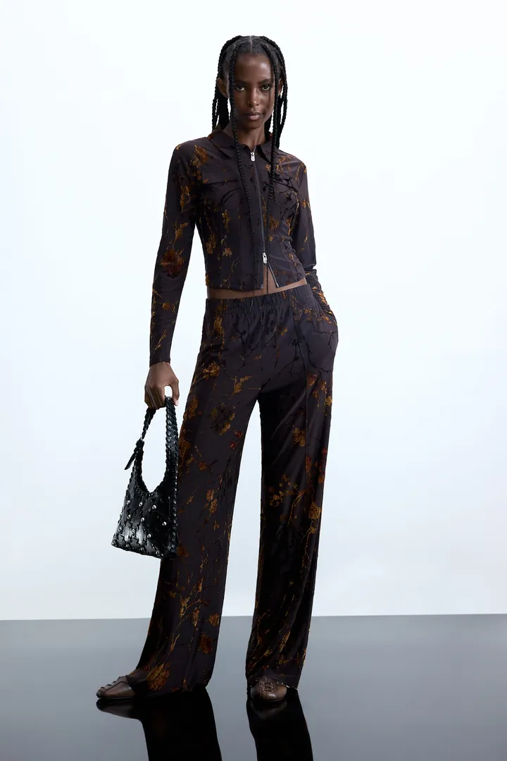 Desigual, Pantalón largo flocado, Mujer, Poliester, MarróN, L