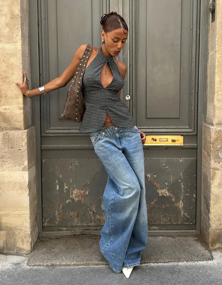 Bershka Jeans Straight Tiro Bajo Cintura Cruzada Mujer 32 Azul Claro