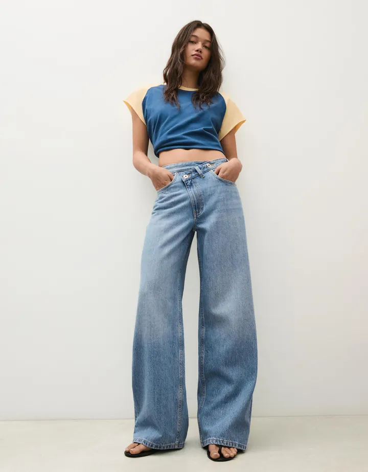 Bershka Jeans Wide Cintura Cruzada Mujer 32 Azul Lavado