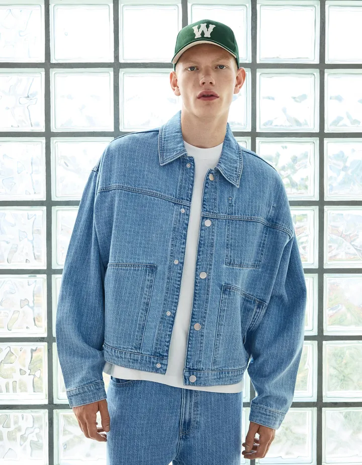 Bershka Camisa Denim Textura Cuadros Hombre L Azul Claro