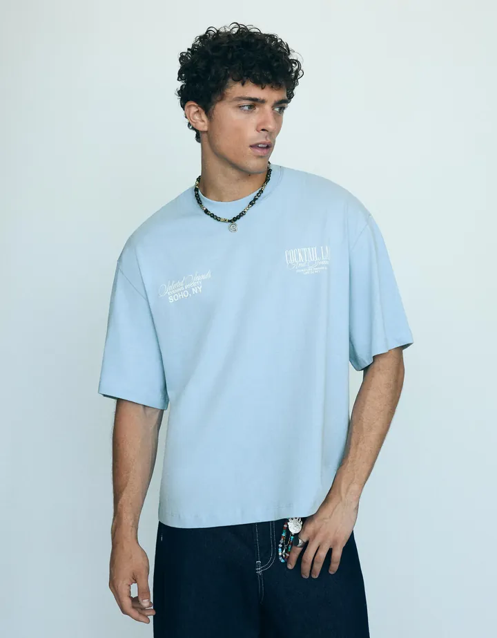Bershka Camiseta Manga Corta Boxy Print Hombre L Azul Claro