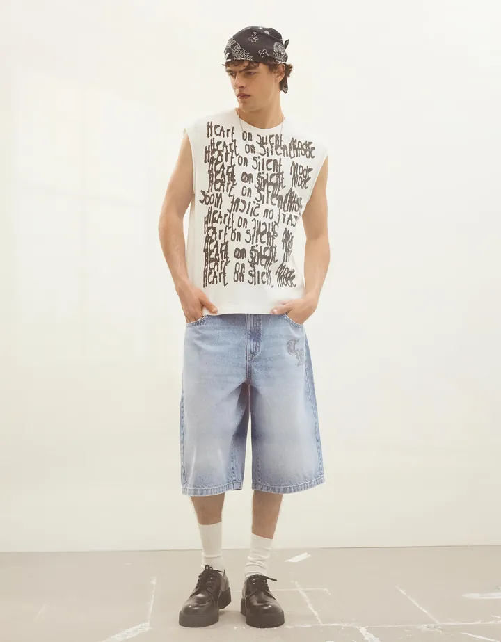 Bershka Bermudas Denim Baggy Hombre 34 Azul Claro