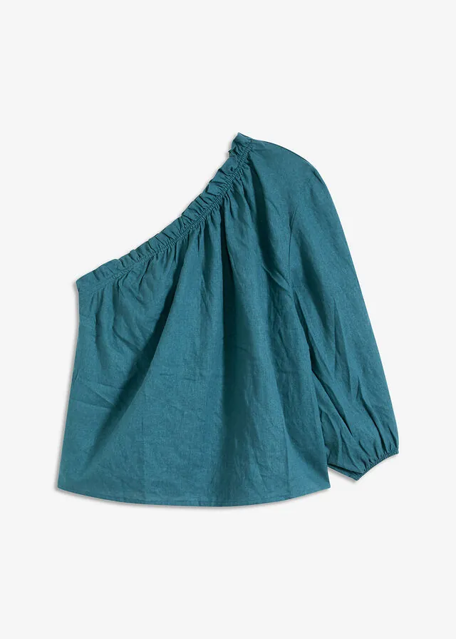 Blusa con un hombro al descubierto y contenido de lino
