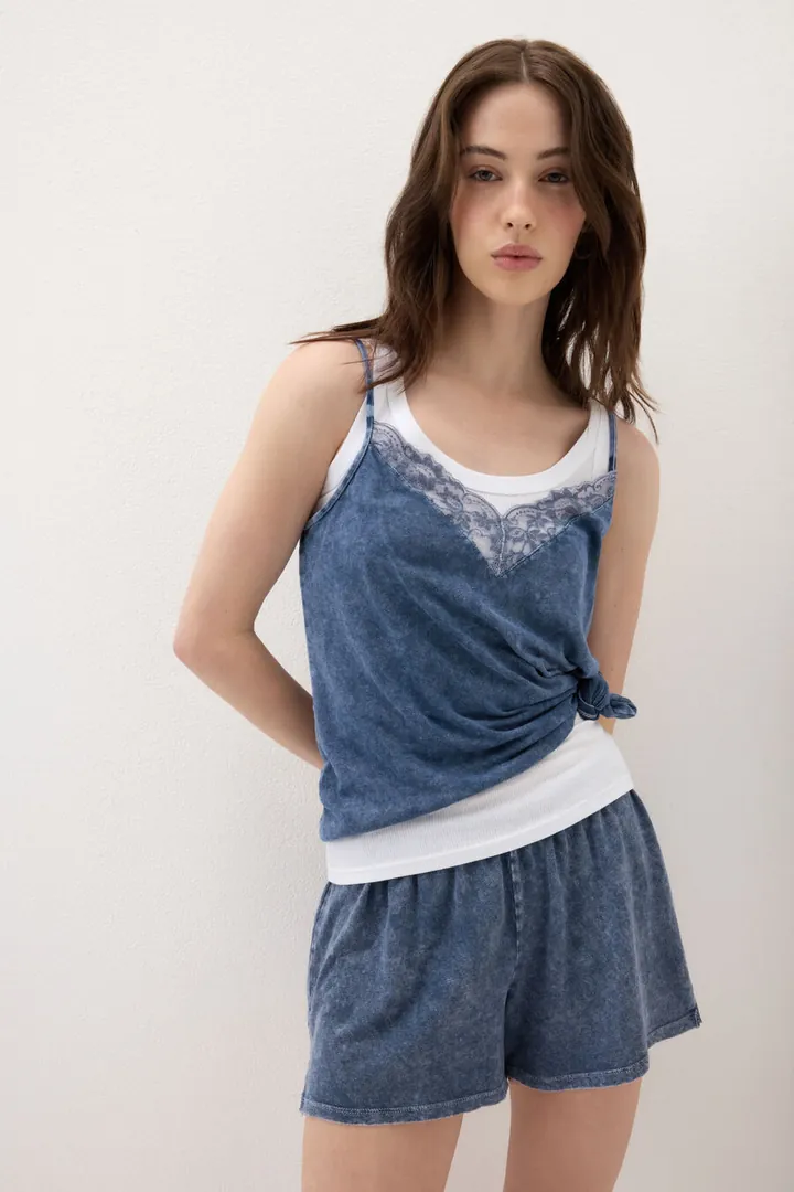 Intimissimi Top de Algodón y Encaje Denim Romance Mujer Azul Tamaño L