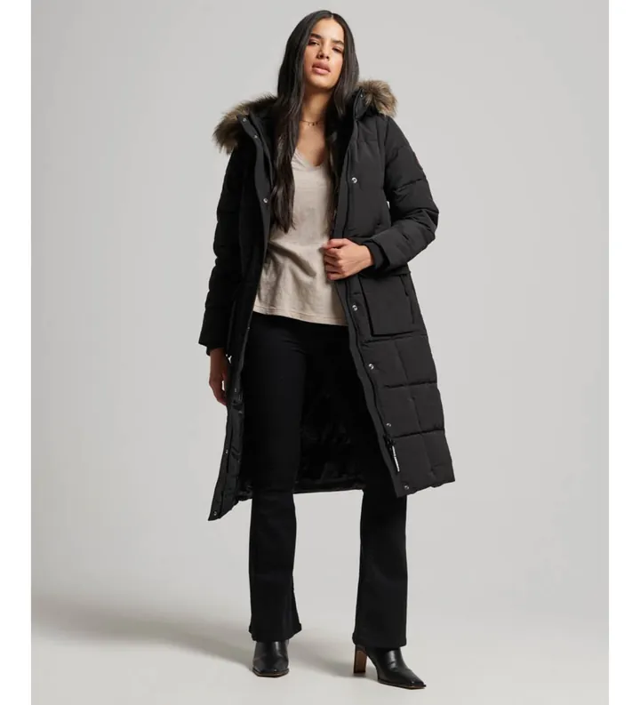 Superdry para mujer. W5011566A Abrigo largo acolchado Everest (M), Negro, Casual, Poliéster