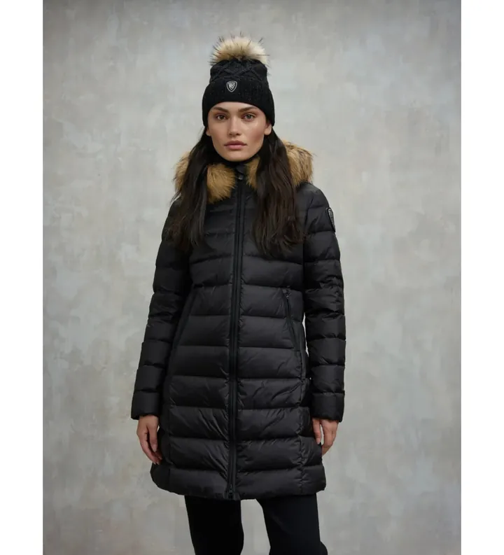Blauer para mujer. 25WBLDK03103 Plumífero largo con piel Kristin negro (L), Casual, Poliamida