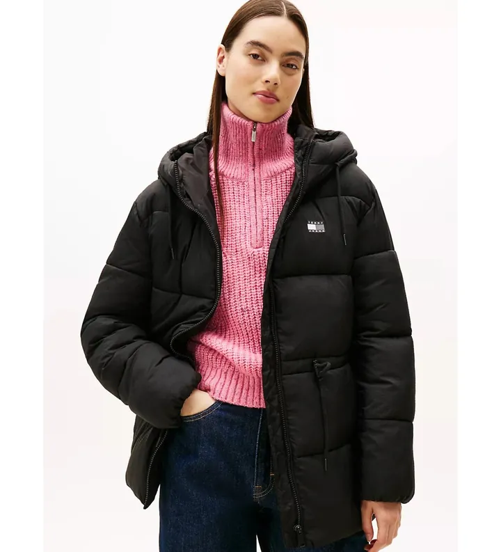 Tommy Jeans para mujer. DW0DW21626 Chaqueta Acolchada Midi con Capucha negro (L), Casual, Nylon