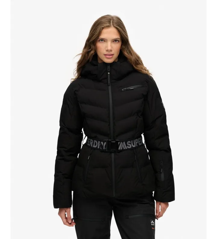 Superdry para mujer. WS110178A Chaqueta Luxe Belted Ski negro (L), Casual, Deportivo, Poliéster, Nieve