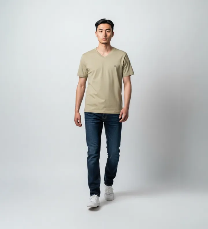 Tommy Hilfiger para hombre. MW0MW39249 Camiseta con cuello de pico y logo bordado kaki (L), Casual, Verde, Algodón, Manga corta