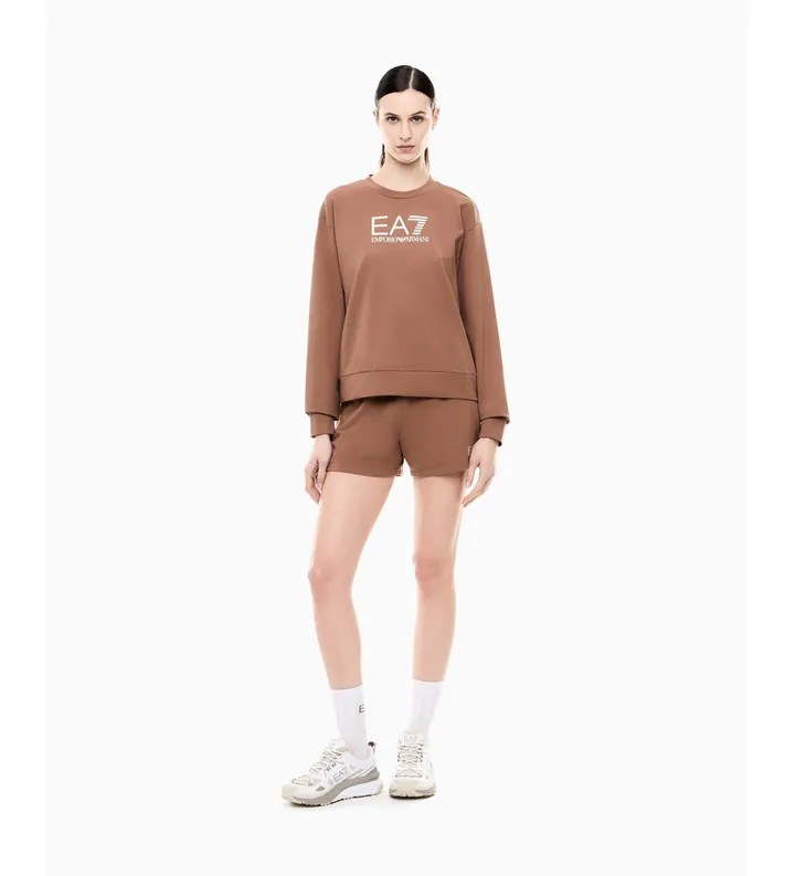 EA7 para mujer. 7W000974_AF13135 Conjunto de camiseta y pantalones cortos en punto de algodón elástico marrón (L), Casual, Homewear