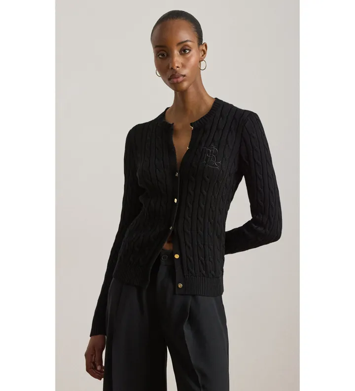 Lauren Ralph Lauren para mujer. 200P14040003 Cárdigan de algodón en punto de ochos negro (L), Casual, Manga larga